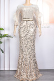Champagne Celebrities Elegant Solid Sequins Patchwork O Neck Evening Dress Dresses
