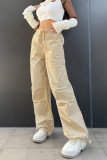 Hautfarbe Casual Street Solide Patchwork-Tasche Lose Niedrige Taille Breites Bein Einfarbige Unterteile