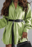 Fibbia patchwork solida casual verde militare con cintura, colletto rovesciato, abiti da camicia