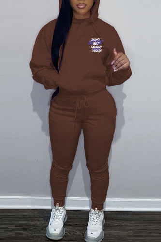 Brown Casual Letter Print Hooded Collar Long Sleeve Sweatshirt And Pants Sportwear Two Piece Jogger Set