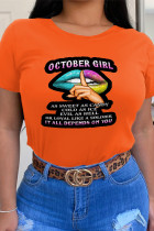 Orange lässige Straßenlippen bedruckte Patchwork-T-Shirts mit O-Ausschnitt