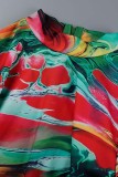Vestidos de manga longa gola alta com estampa colorida casual patchwork