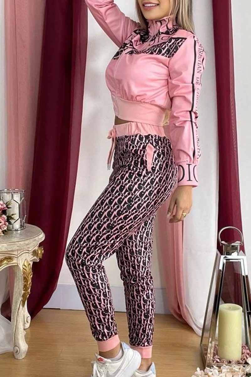 

Pink Elegant Print Letter Zipper Collar Long Sleeve Two Pieces