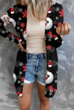 Red White Casual Print Patchwork Cardigan Collar Outerwear