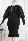 ブラック カジュアル プリント パッチワーク O ネック ロング スリーブ プラス サイズ ドレス