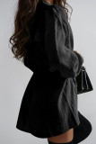Boucle de patchwork solide décontractée noire avec des robes de robe de chemise à col rabattu de ceinture