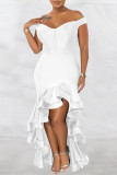 ホワイト ファッション セクシー フォーマル ソリッド パッチワーク バックレス オフショルダー イブニングドレス ドレス