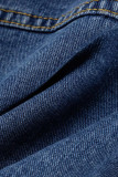 Mittelblaue, lässige, solide Patchwork-Umlegekragen-Langarm-Jeansjacke