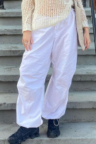 Calças retas de cor sólida branca casual street patchwork solta cintura média