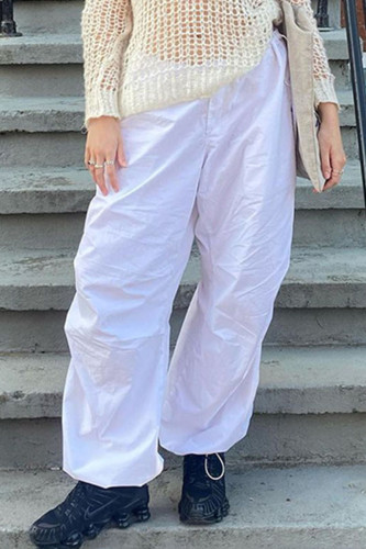 White Casual Mid Waist Pocket Loose Straight Leg Cargo Pants