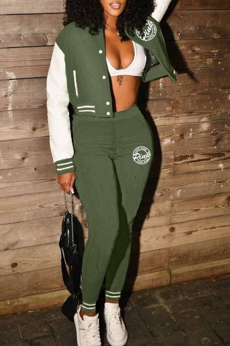 

Army Green Street Print Letter Mandarin Collar Long Sleeve Two Pieces