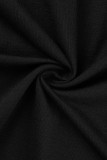 Negro casual estampado de letras patchwork cuello oblicuo manga larga dos piezas