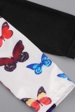 Flerfärgad Casual Butterfly Print Patchwork Off the Shoulder Långärmade Klänningar