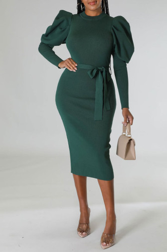 Green Casual Elegant Solid Bandage Patchwork O Neck One Step Skirt Dresses