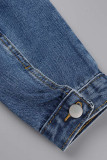 Mellanblå Casual Solid Patchwork Turndown-krage Långärmad vanlig jeansjacka