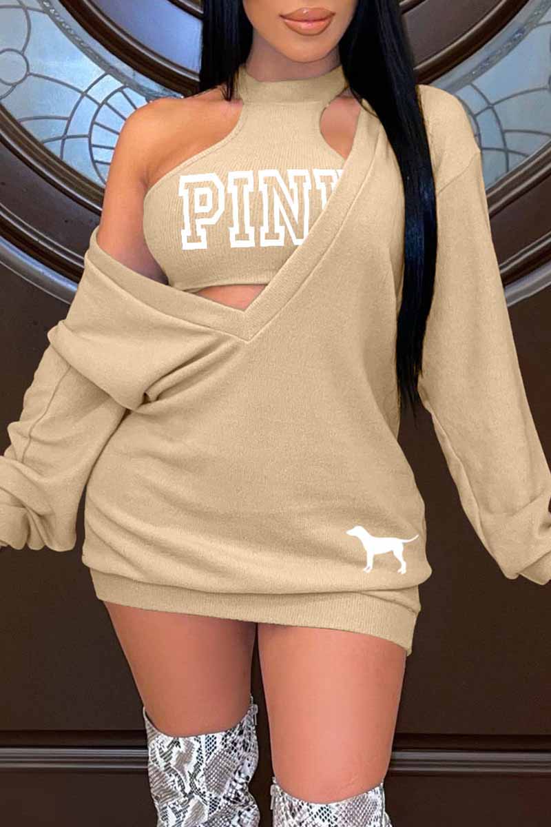 

Khaki Casual Print Letter O Neck Long Sleeve Two Pieces