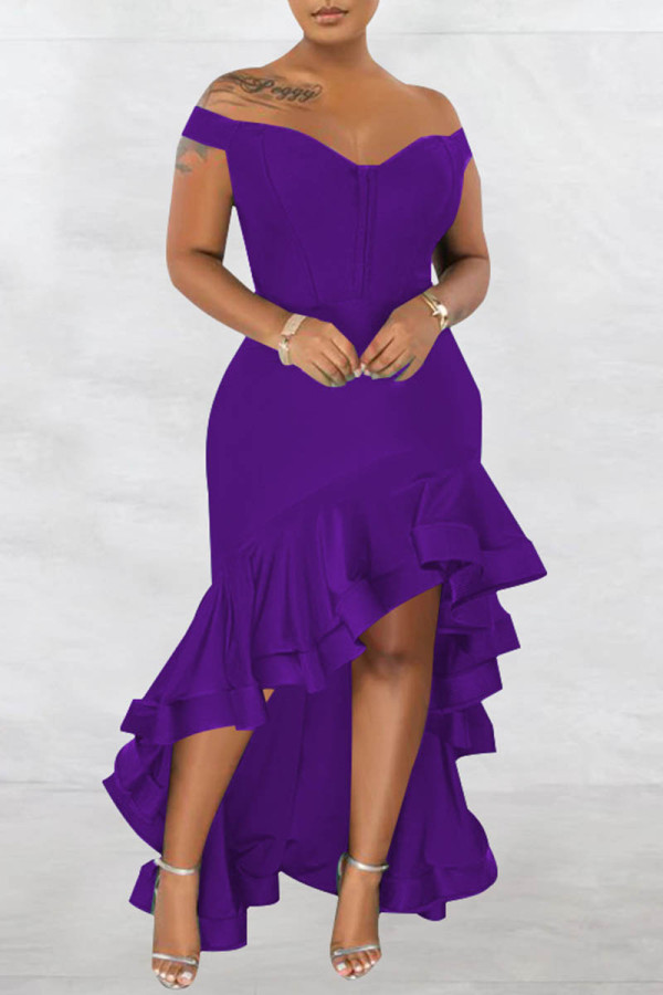 Фиолетовые Модные Сексуальные Формальные Твердые Лоскутные Спинки С Открытыми Плечами Вечернее Платье Платья