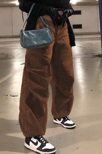 Brown Casual Mid Waist Pocket Loose Straight Leg Cargo Pants