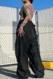 Pantalones de color sólido de pierna ancha de cintura baja sueltos con bolsillo de patchwork sólido de calle casual negro