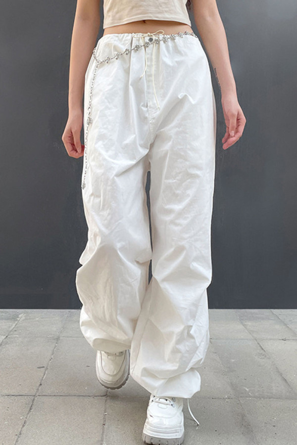 Белые повседневные уличные однотонные однотонные брюки в стиле пэчворк с карманами и низкой талией, широкие брюки, сплошной цвет