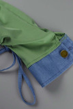 Giacca di jeans dritta a maniche lunghe con colletto rovesciato asimmetrico con fibbia patchwork solido casual verde