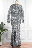 Blå Casual Print Patchwork V-hals långärmade klänningar i plusstorlek