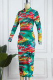 Цветные повседневные платья в стиле пэчворк с принтом Половина водолазки с длинным рукавом