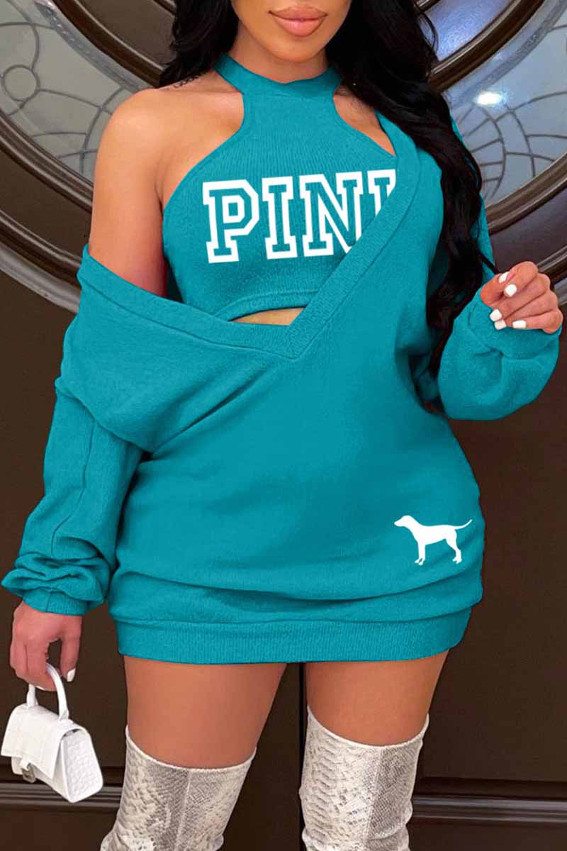 

Lake Green Casual Print Letter O Neck Long Sleeve Two Pieces