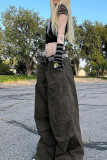 Army Green Casual Street Solid Patchwork Pocket Loose Low Waist Wide Leg Solid Color Bottoms