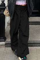 Pantalones de color sólido de pierna ancha de cintura baja recta con bolsillo de patchwork sólido de calle informal negro