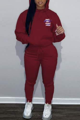 Burgundy Casual Letter Print Hooded Collar Long Sleeve Sweatshirt And Pants Sportwear Two Piece Jogger Set