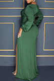 Grön sexig formell solid patchwork slits v-hals långärmade klänningar