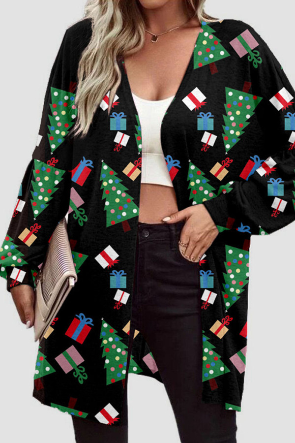 Christmas Tree Casual Print Patchwork Cardigan Collar Ytterkläder