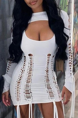 White Sexy Solid Hollowed Out O Neck Long Sleeve Two Pieces
