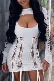 Black Sexy Solid Hollowed Out O Neck Long Sleeve Two Pieces