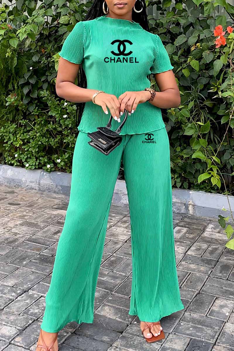 

Green Elegant Print Letter O Neck Short Sleeve Two Pieces