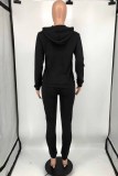 Black Casual Print Letter Hooded Collar Long Sleeve Two Pieces