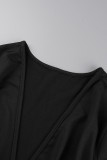 Vestidos de manga larga con cuello en V y pliegues de retazos sólidos casuales negros