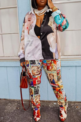 White Casual Print Patchwork Shirt Collar Long Sleeve Two Pieces