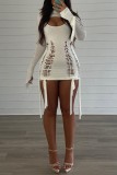 White Sexy Solid Hollowed Out O Neck Long Sleeve Two Pieces
