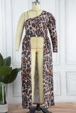Estampa de leopardo casual estampa patchwork sem costas gola oblíqua vestidos plus size