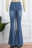 Blaue, lässige, solide Patchwork-Schlitz-Jeans mit hoher Taille und normaler Denim