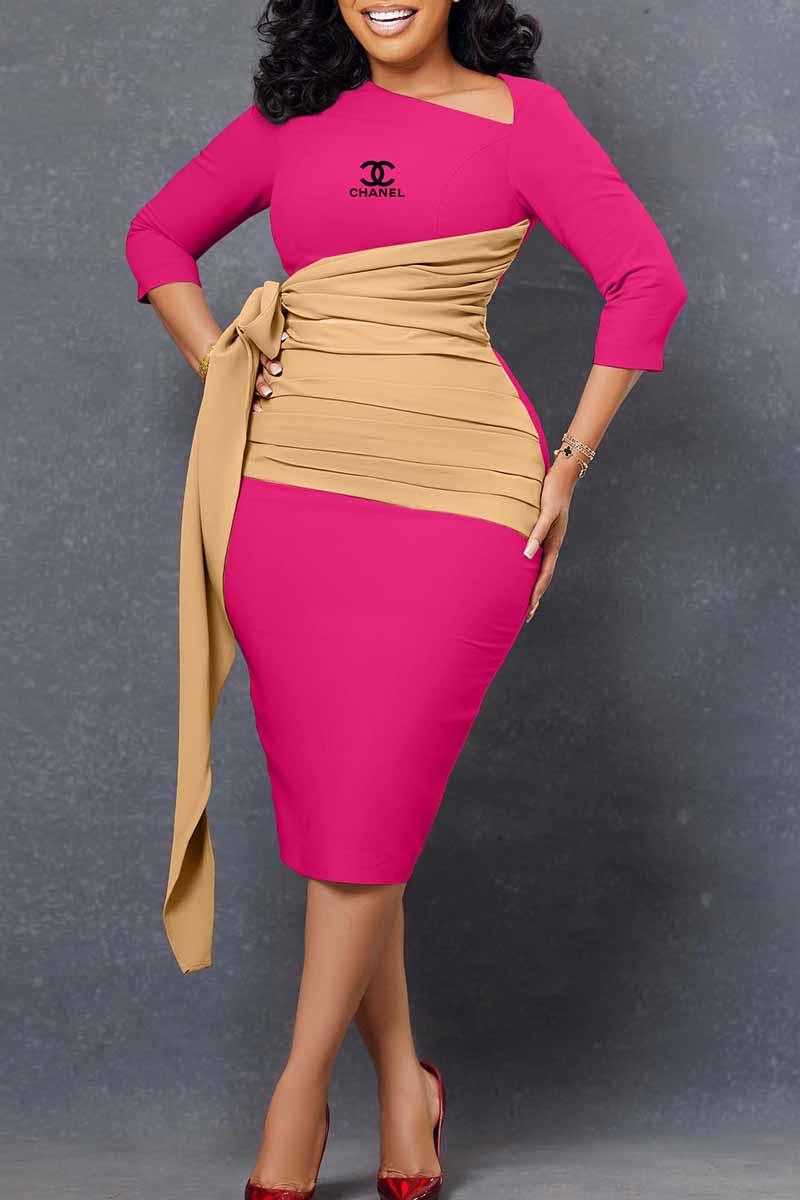 

Rose Red Elegant Print Letter Asymmetrical Collar Pencil Skirt Dresses