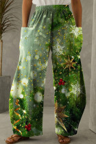 Зеленые повседневные брюки с принтом в стиле пэчворк и высокой талией, широкие брюки с принтом