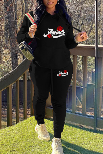 Black Casual Letter Print Hooded Collar Long Sleeve Zipper Jackets And Draw String Sweatpants Two Pieces Jogger Sets