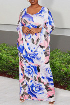 Blaues, elegantes, bedrucktes Patchwork-Kleid mit V-Ausschnitt, Kleider in Übergröße