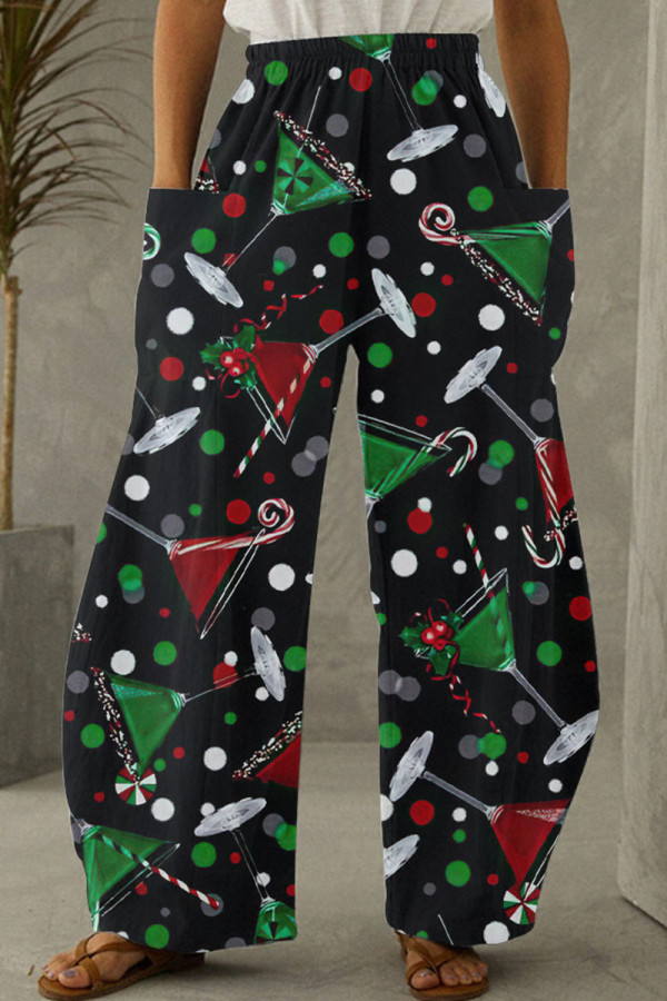 Красно-зеленые повседневные брюки с принтом в стиле пэчворк с высокой талией и широкими штанинами