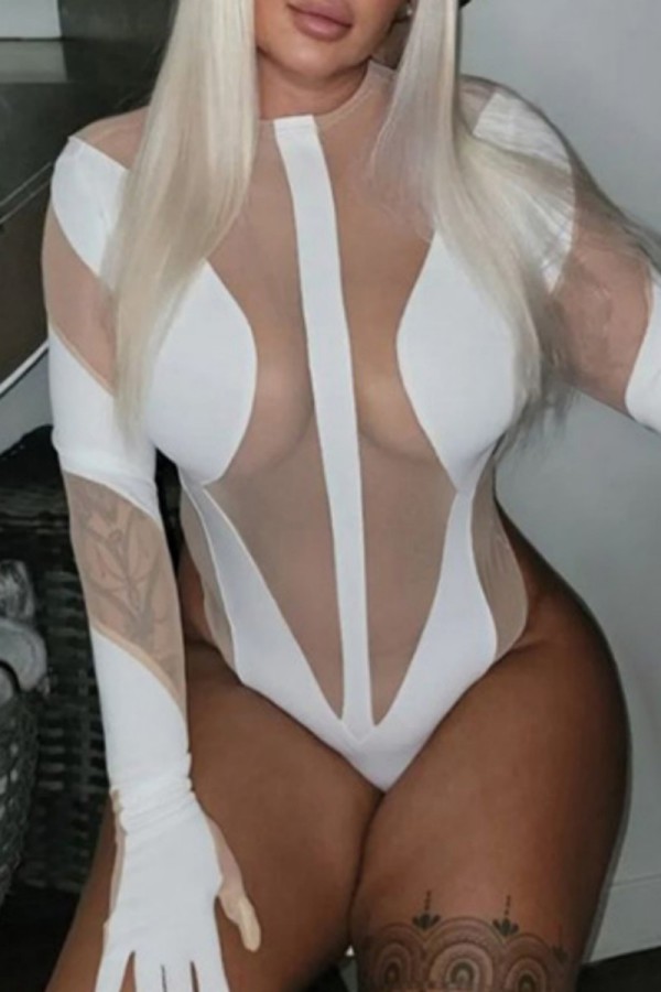 Macacão skinny branco sexy patchwork transparente com gola O