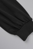 Schwarze, lässige, solide Patchwork-Faltkleider mit V-Ausschnitt und langen Ärmeln