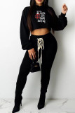 Black Green Casual Print Frenulum Basic Hooded Collar Long Sleeve Two Pieces